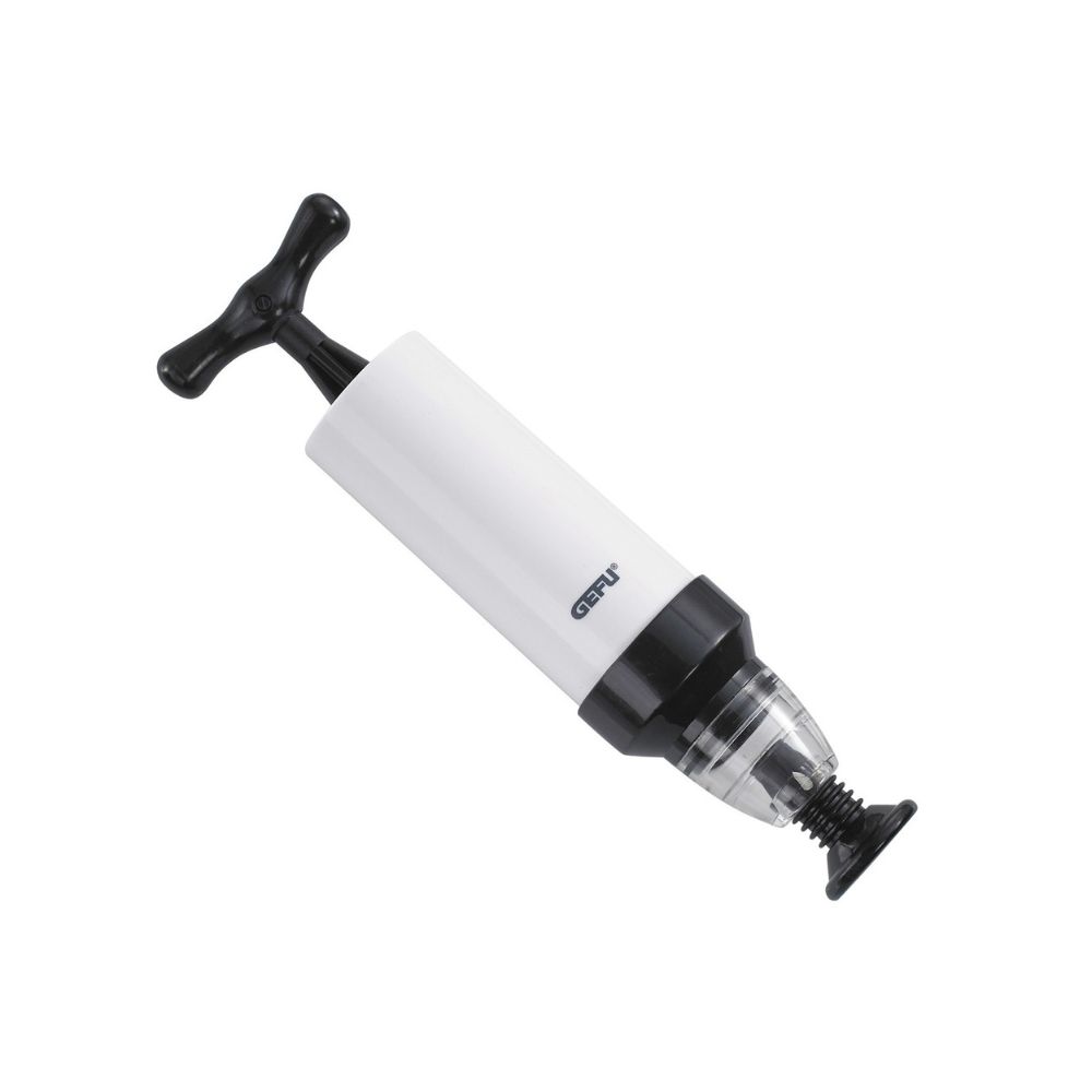 Μία χειροκίνητη αντλία αφαίρεσης αέρα λευκή με μαύρη λαβή