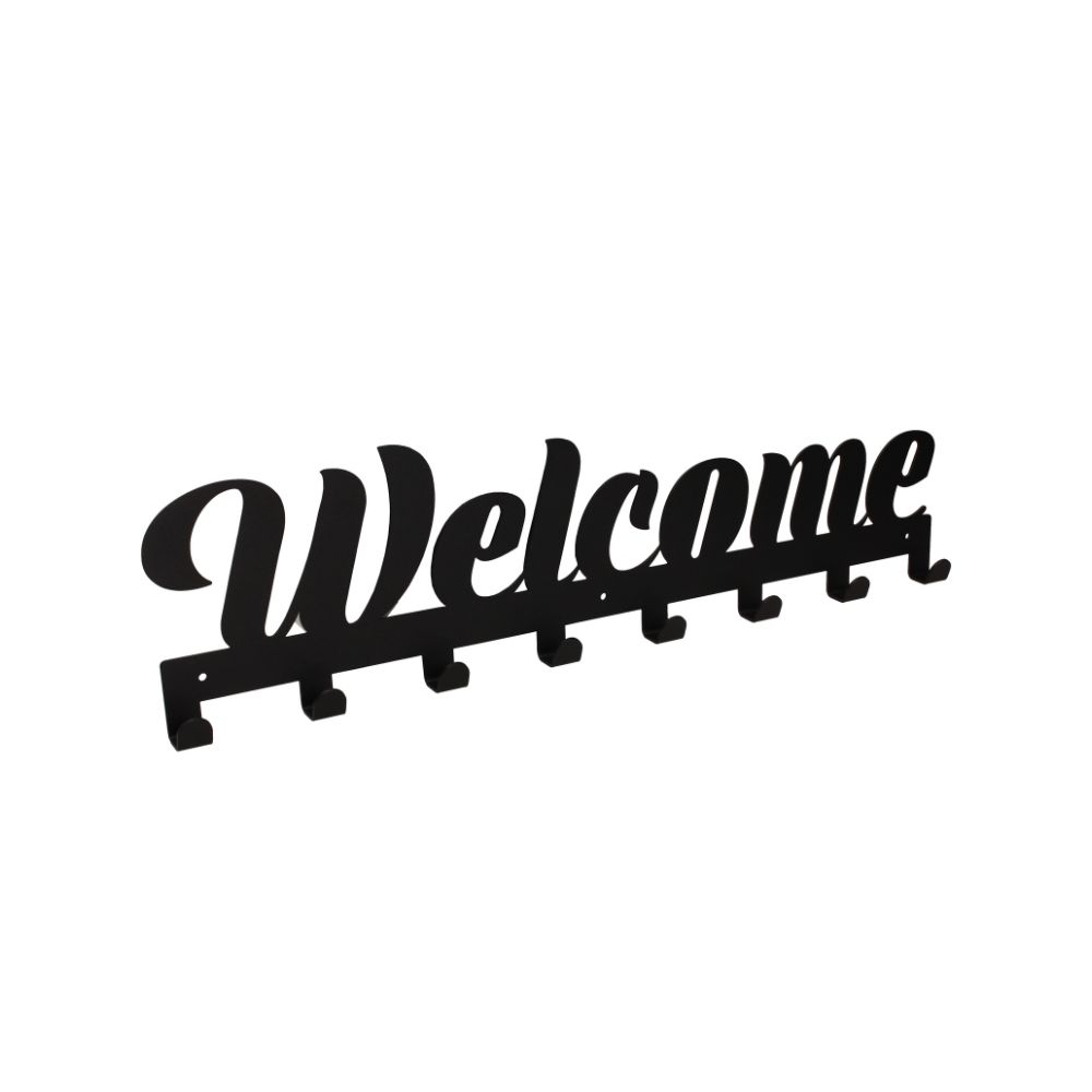 Μία μαύρη μεταλλική κρεμάστρα 8 θέσεων που γράφει welcome