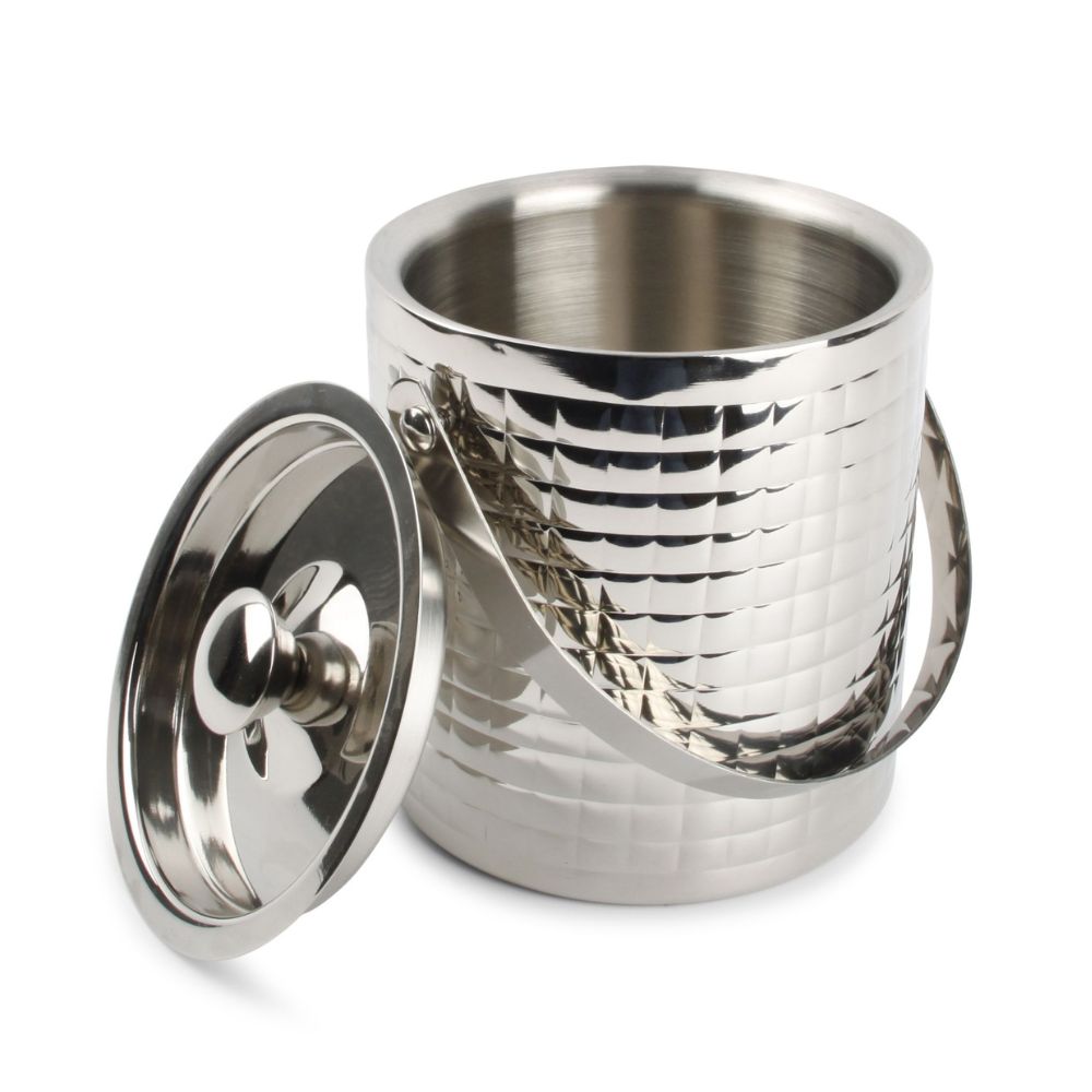 Ένα ανοξείδωτο παγοδοχείο σε χρώμιο γυαλιστερό χρώμα με ανοιχτό καπάκι