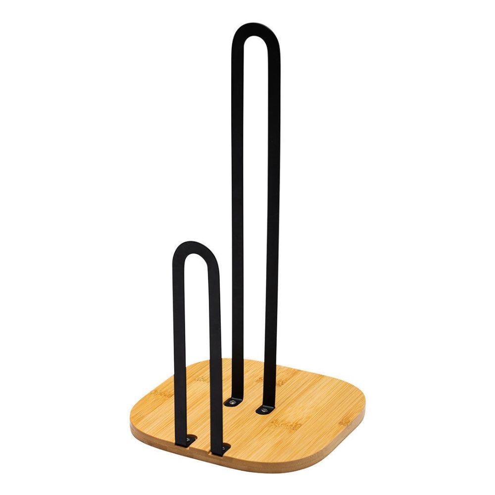 Μία μεταλλική βάση για ρολό κουζίνας από ξύλο μπαμπού φωτογραφισμένη διαγώνια