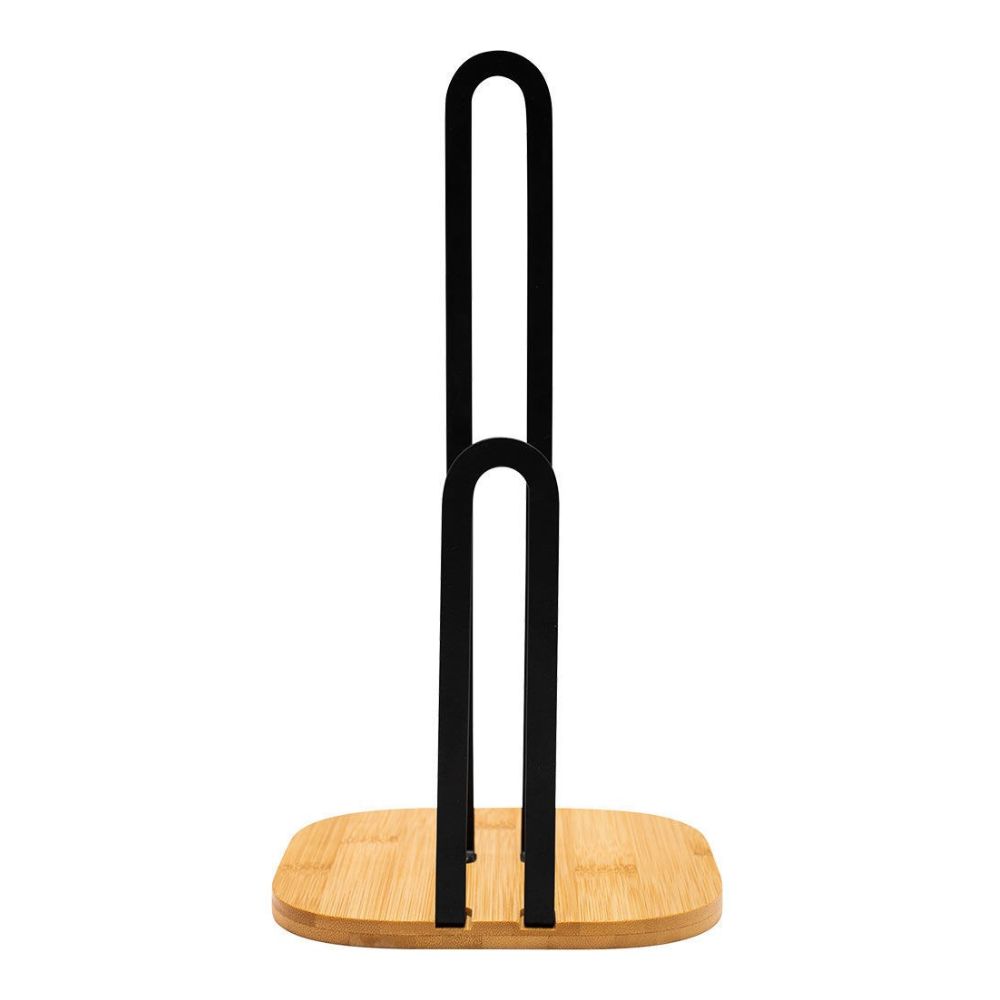 Μία μεταλλική βάση για ρολό κουζίνας από ξύλο μπαμπού φωτογραφισμένη πλάγια