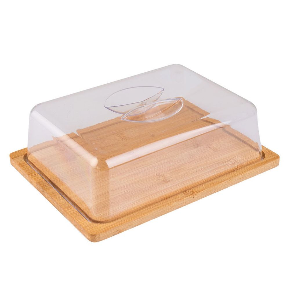 Μία βάση τυριών από μπαμπού με πλαστικό καπάκι