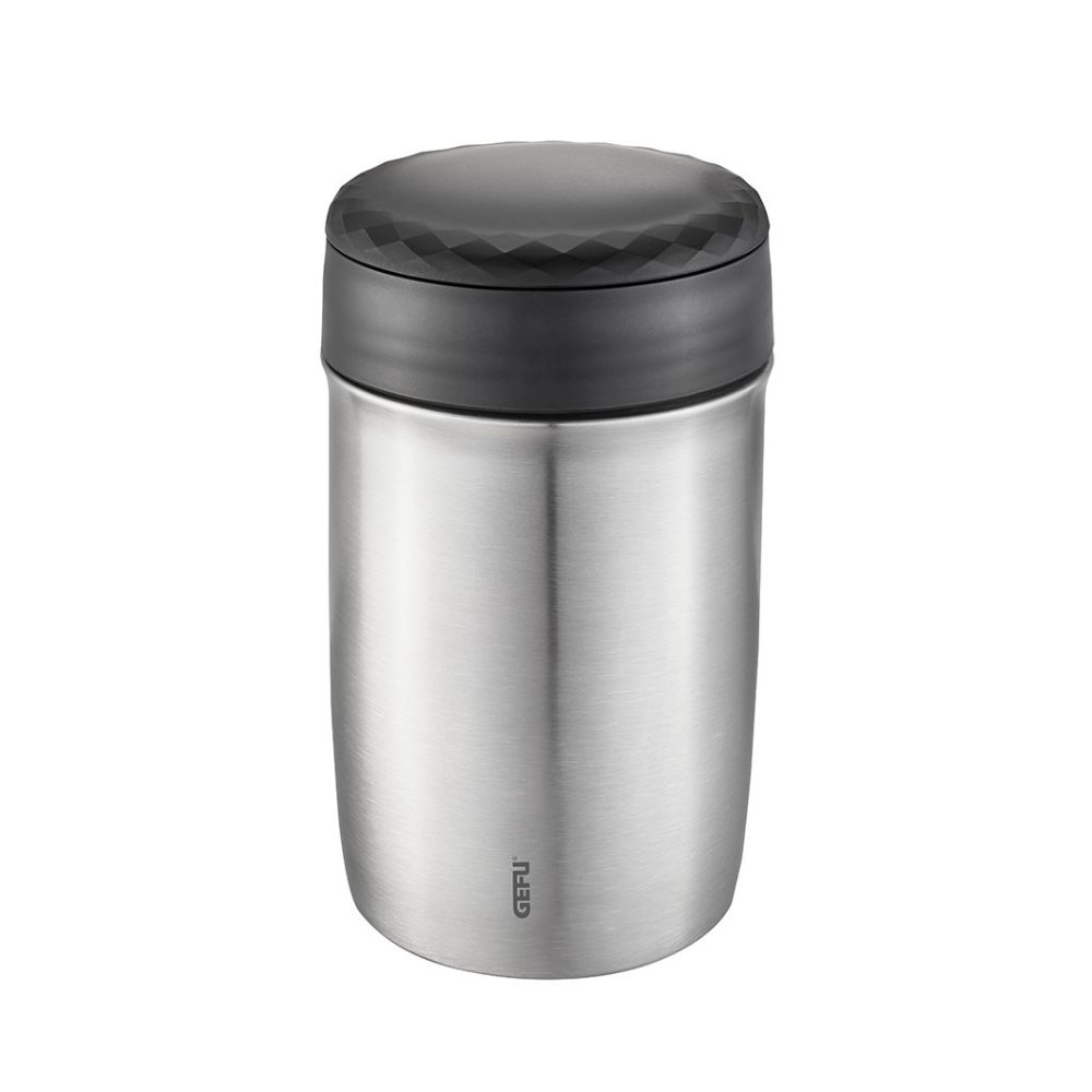 Ένα δοχείο φαγητού θερμός από ανοξείδωτο ατσάλι και μαύρο πλαστικό καπάκι