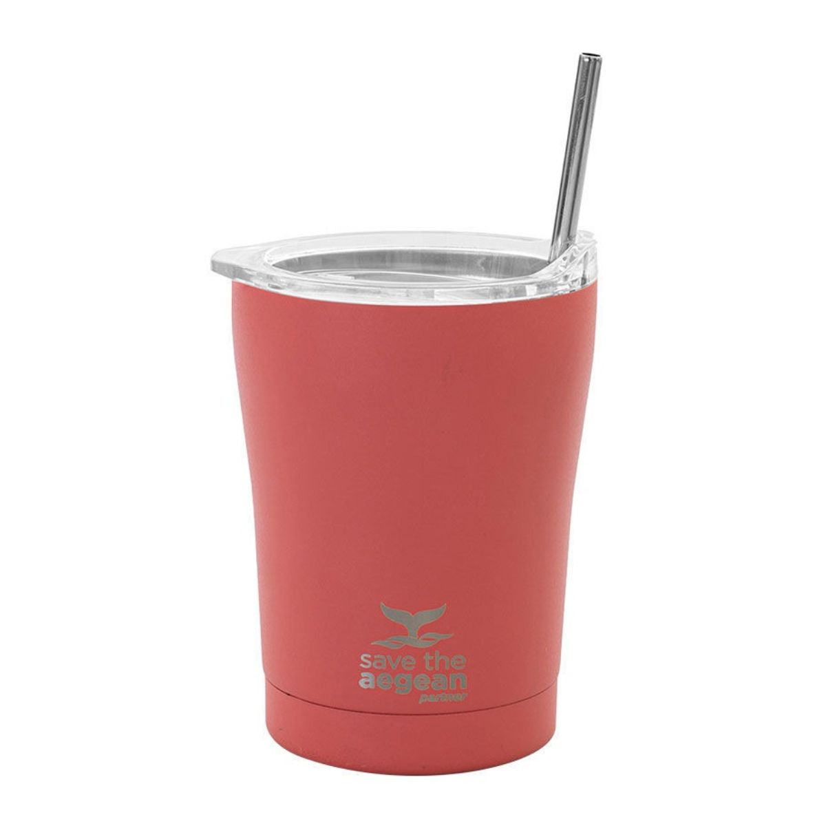 Ένα κοραλί ποτήρι θερμός με το καλαμάκι δεξία