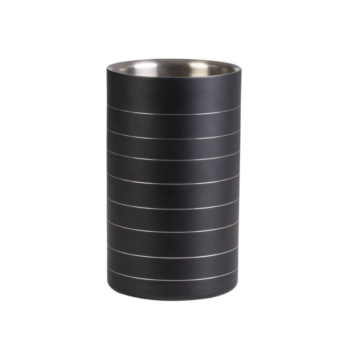 Μία μαύρη ισοθερμική θήκη για μπουκάλια κρασιού με ραβδώσεις