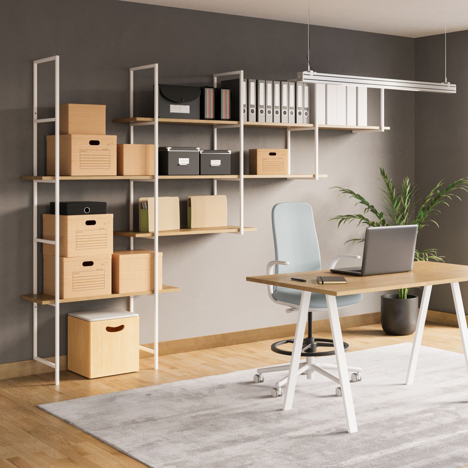 Μεταλλικές στήλες ραφιών σε λευκό χρώμα, τοποθετημένες σε τοίχο γραφείου με ξύλινα ράφια – σύστημα αποθήκευσης Creative Home