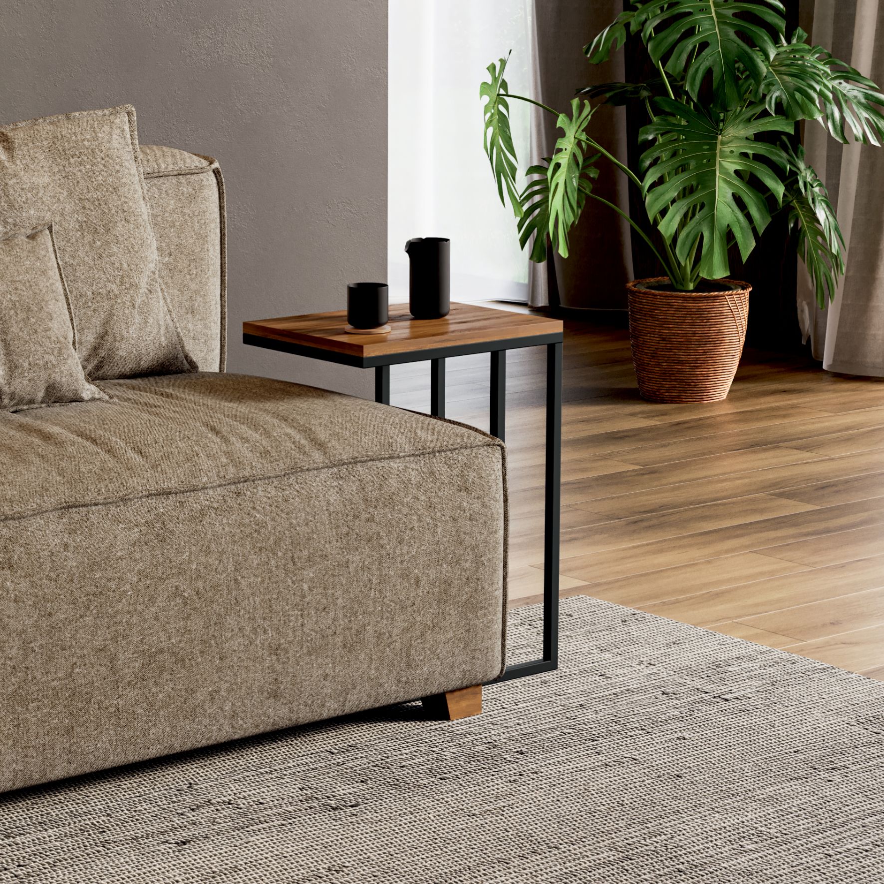 Βοηθητικό τραπεζάκι καναπέ με μεταλλική μαύρη βάση 30x40x69cm και ξύλινη επιφάνεια – σαλόνι με minimal διακόσμηση