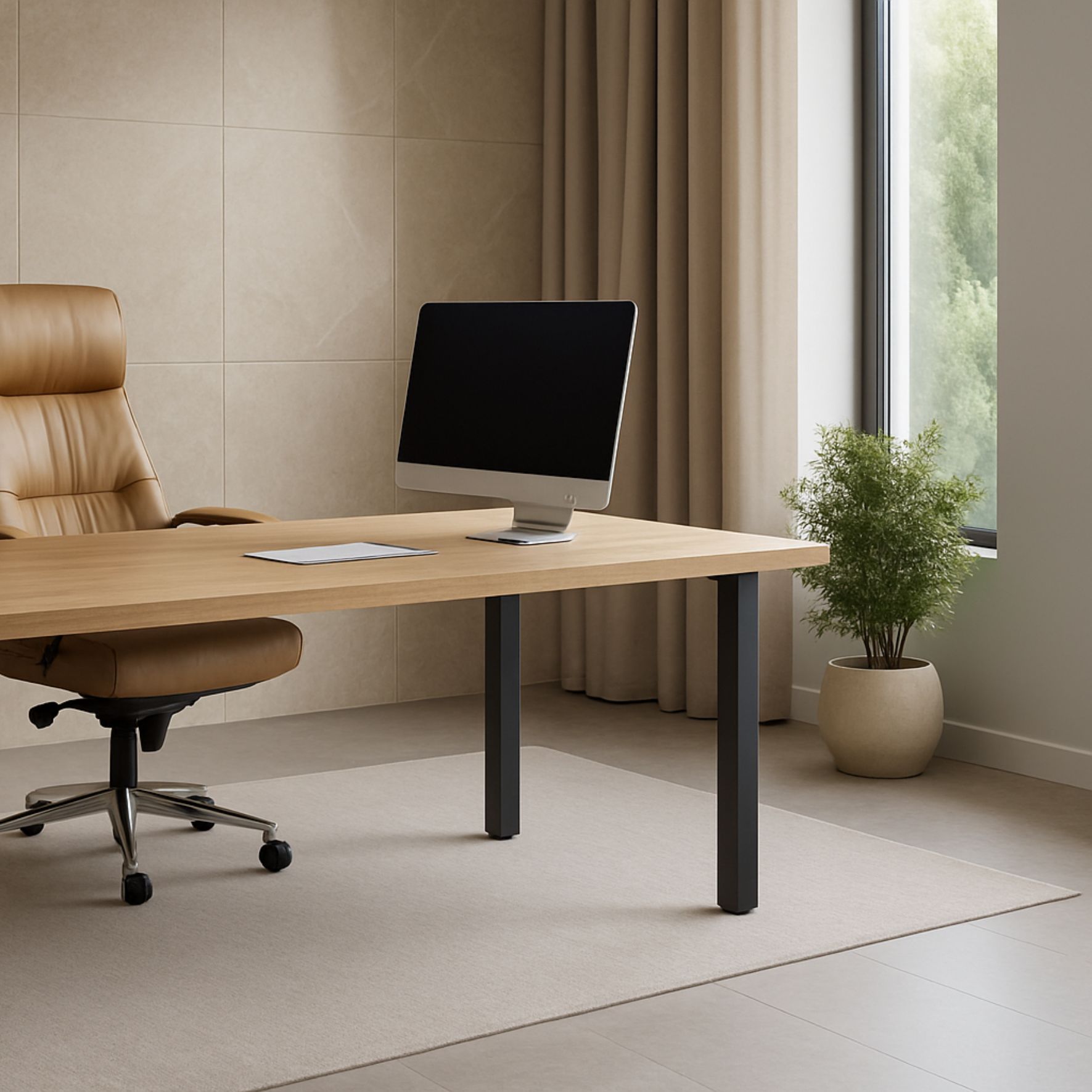 Γραφείο με ξύλινη επιφάνεια και μεταλλικά πόδια Creative Home σε μοντέρνο επαγγελματικό χώρο με δερμάτινη καρέκλα και minimal διακόσμηση.