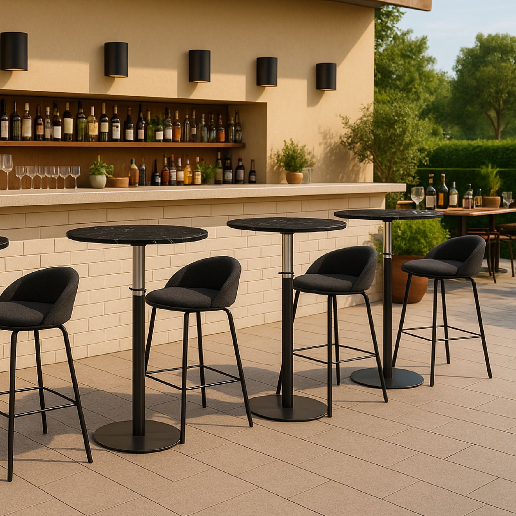 Εξωτερικός χώρος εστίασης με ψηλά τραπέζια και μεταλλικές βάσεις σταντ – Creative Home