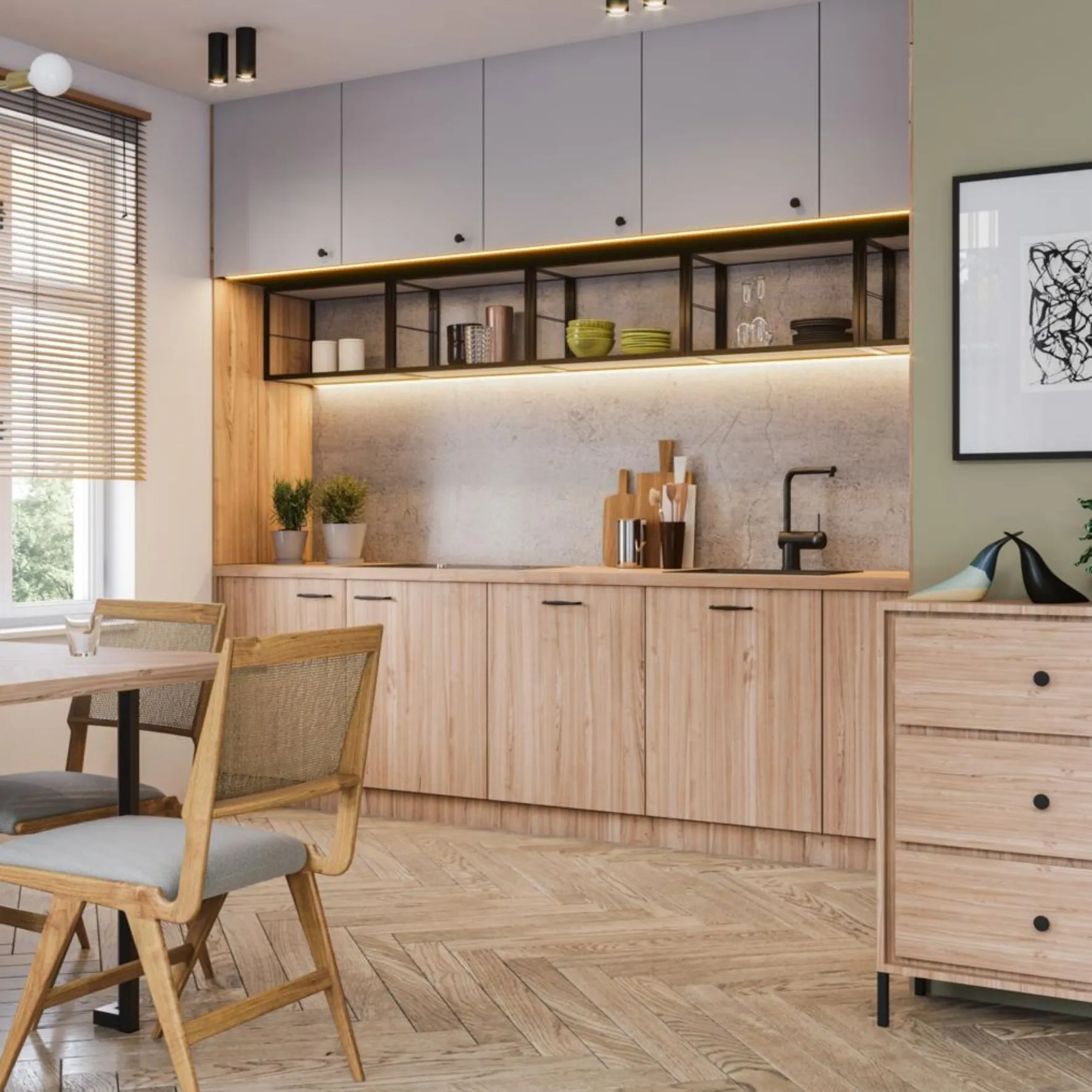 Μία κουζίνα σε δρύινη απόχρωση στης οποίας τα ράφια βρίσκονται τοποθετημένοι μαύροι μεταλλικοί σκελετοί ραφιών