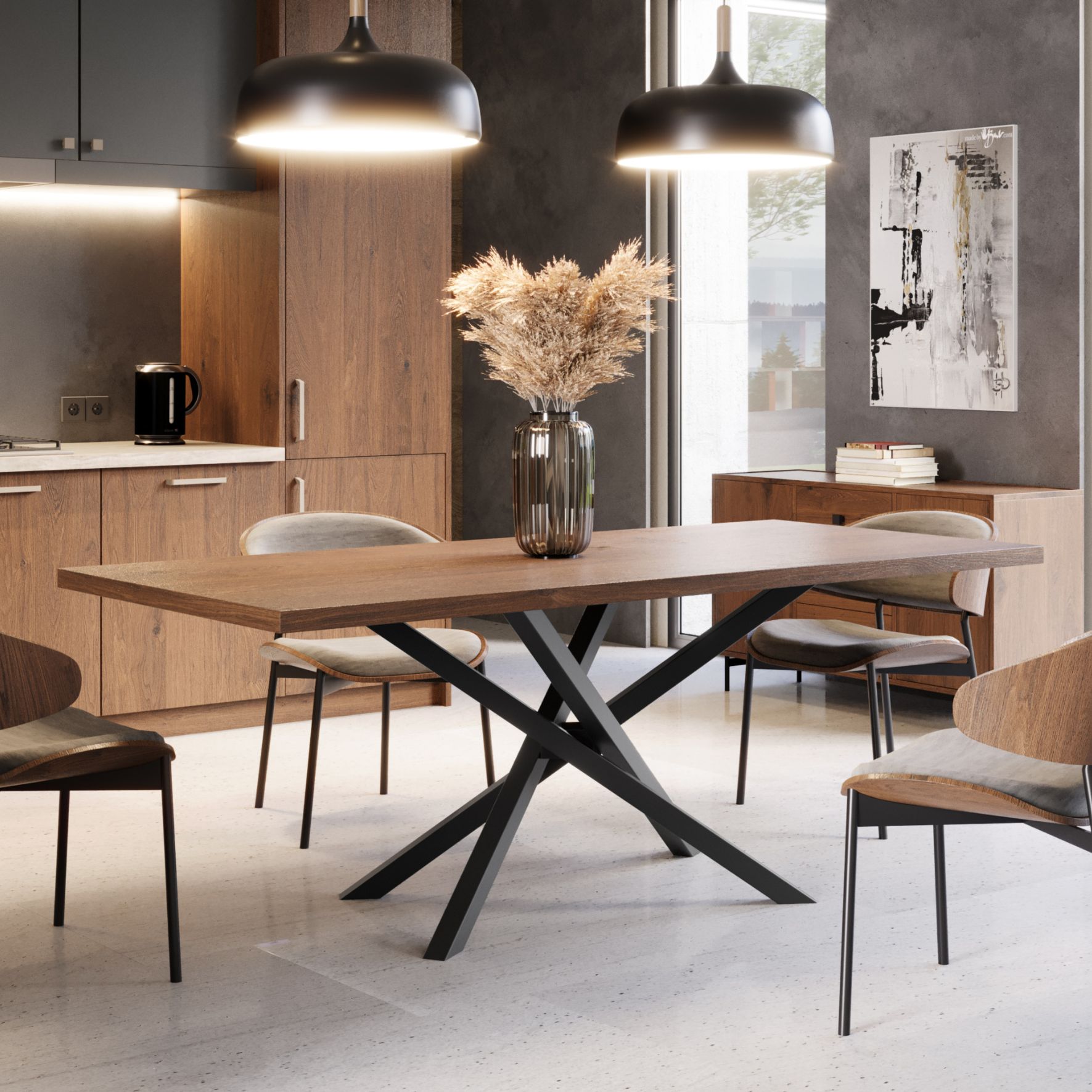Μαύρη μεταλλική χιαστί βάση τραπεζιού τοποθετημένη σε μοντέρνο χώρο κουζίνας και τραπεζαρίας.