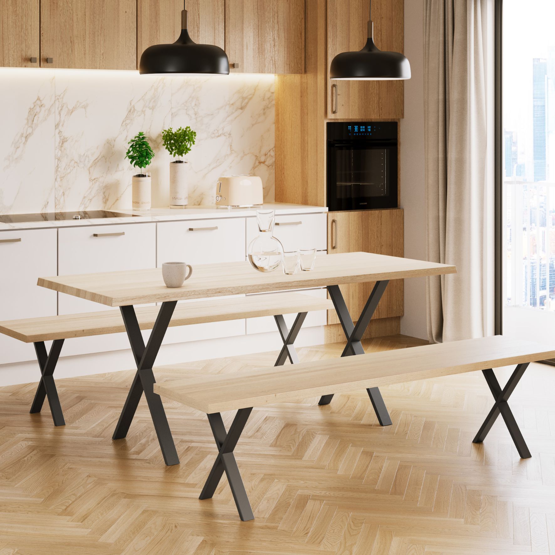 Τραπέζι και πάγκοι με μεταλλικά πόδια τύπου Χ σε μαύρο ματ, με ξύλινες επιφάνειες